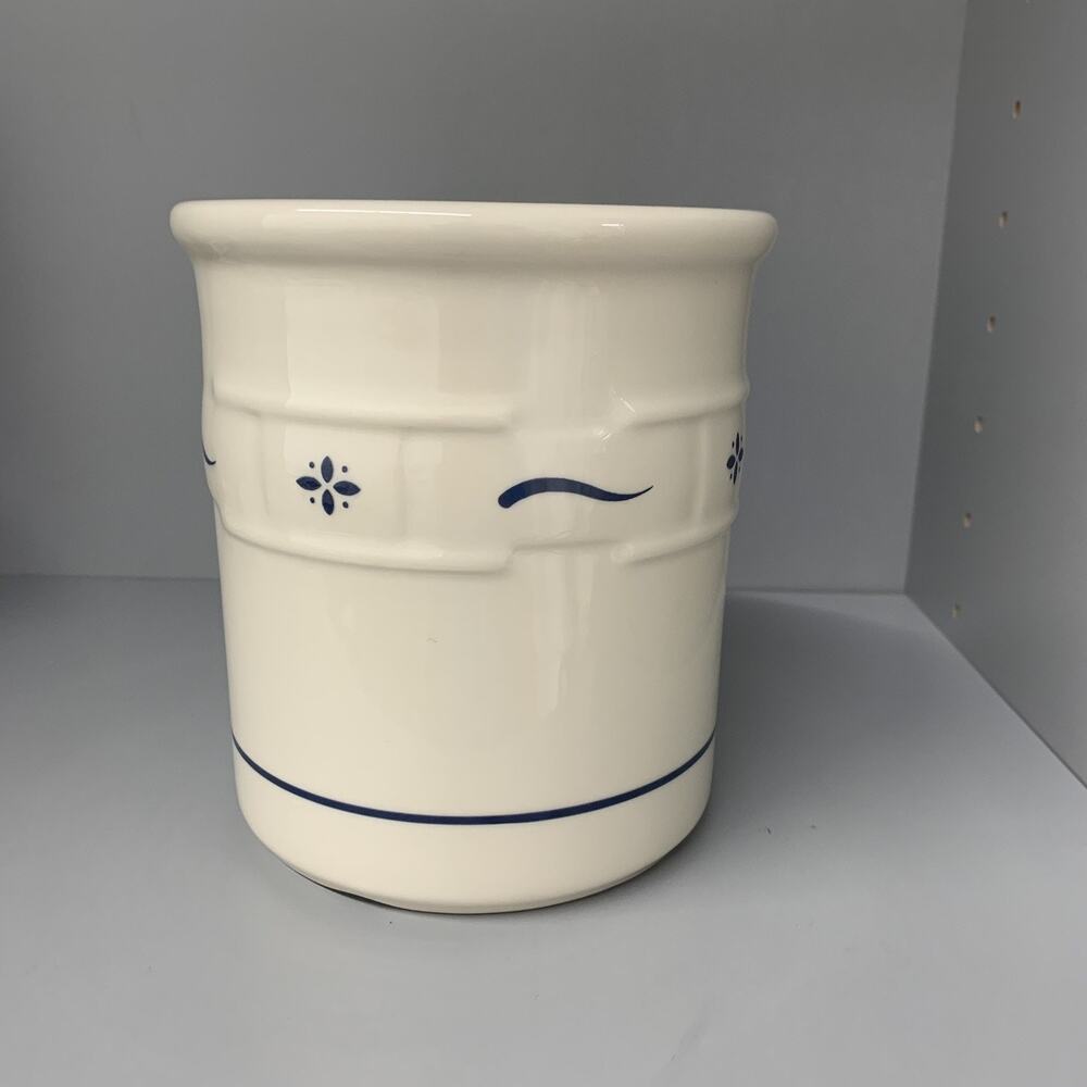 Longaberger Pottery Woven Traditions Utensil Holder Crock Stoneware Blue 5.5”